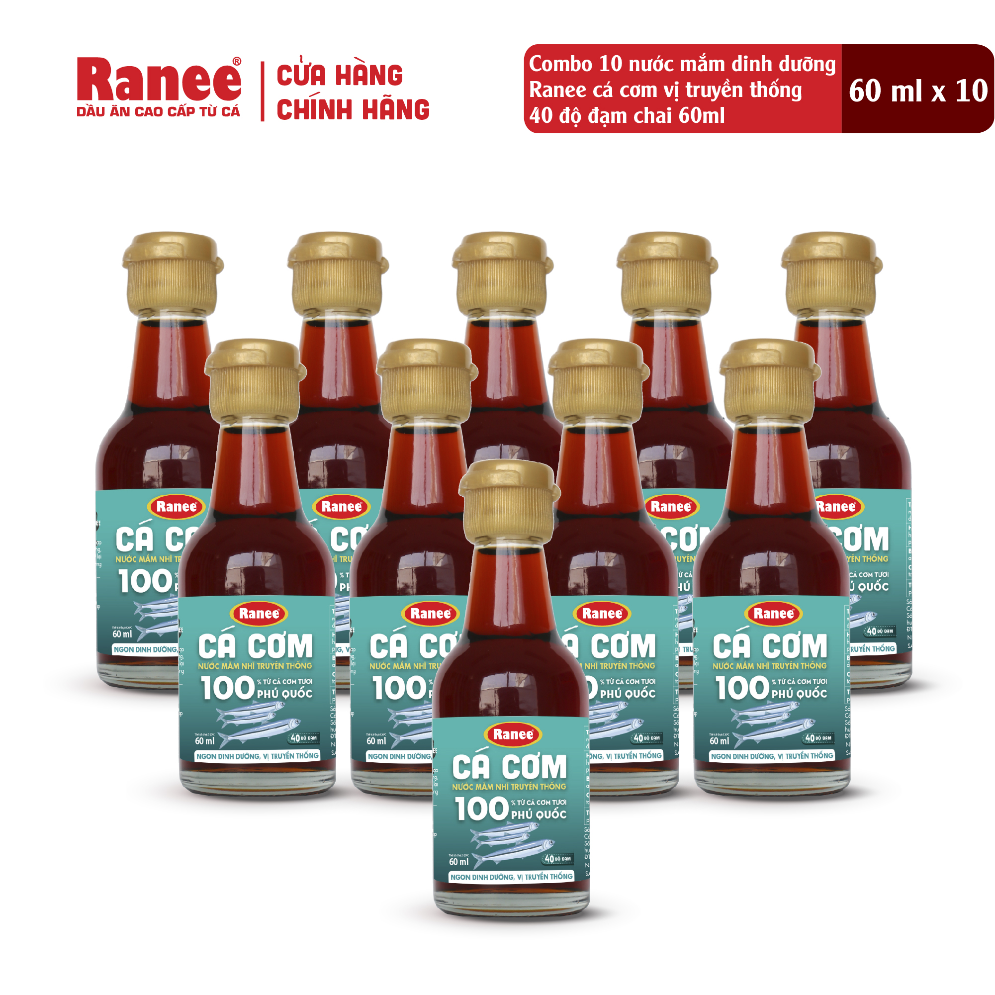 Hộp 10 chai Nước mắm dinh dưỡng Ranee cá cơm vị truyền thống 40 độ đạm chai 60ml ( 10 chai x60ml)