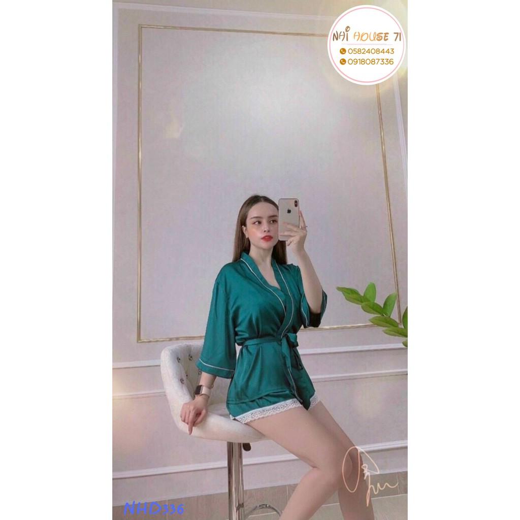 Bộ Ngủ Gồm 3 Item Áo Bra Ren Dây Sexy + Áo Khoác Ngũ + Quần short Lụa Latin Freesize Dưới 60kg