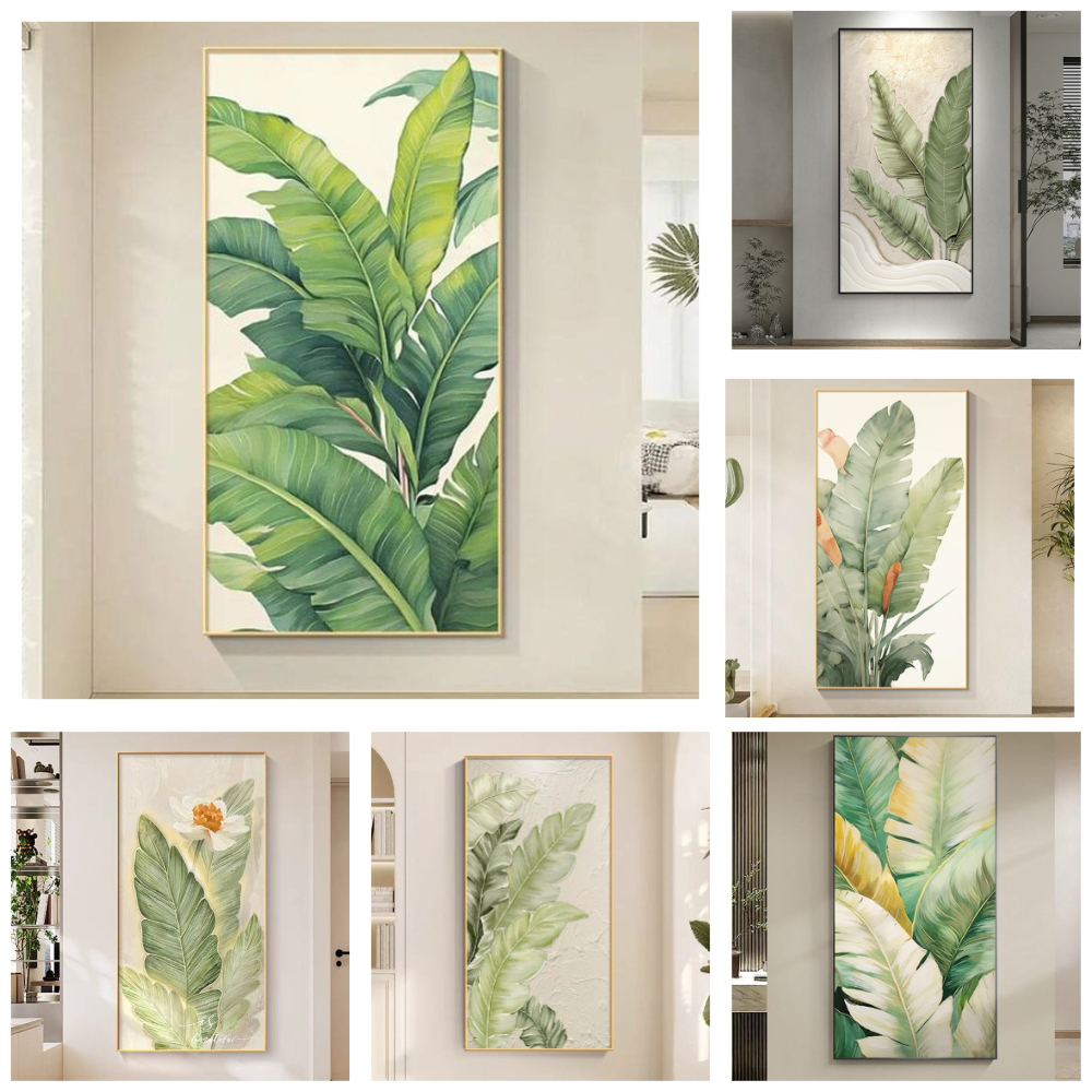 Tranh treo tường canvas lá tropical có khung trang trí decor phòng khách