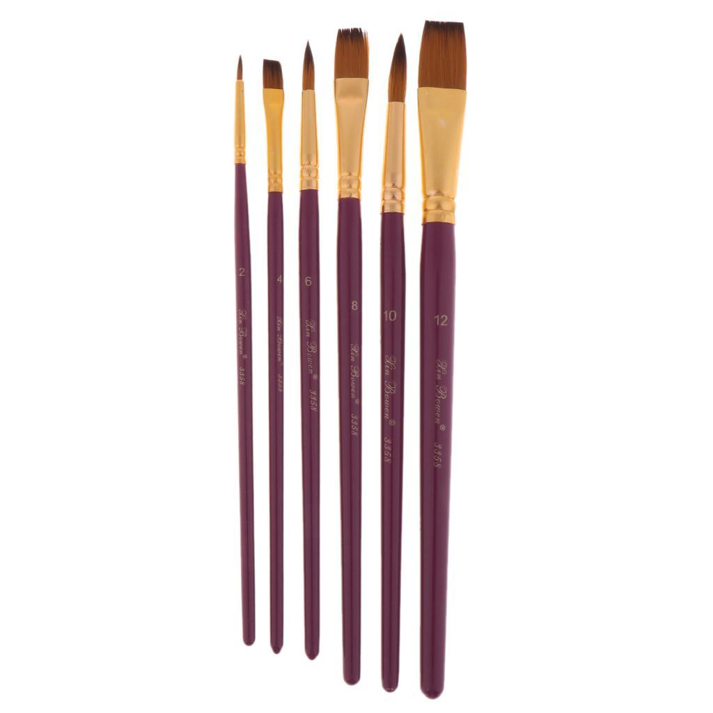 6 Pieces Wooden Flat Round Pointed Tip Nylon Hair Artist Paint Brushes for Art Painting, Acrylic Watercolor Oil, Nail Art, Miniature Painting