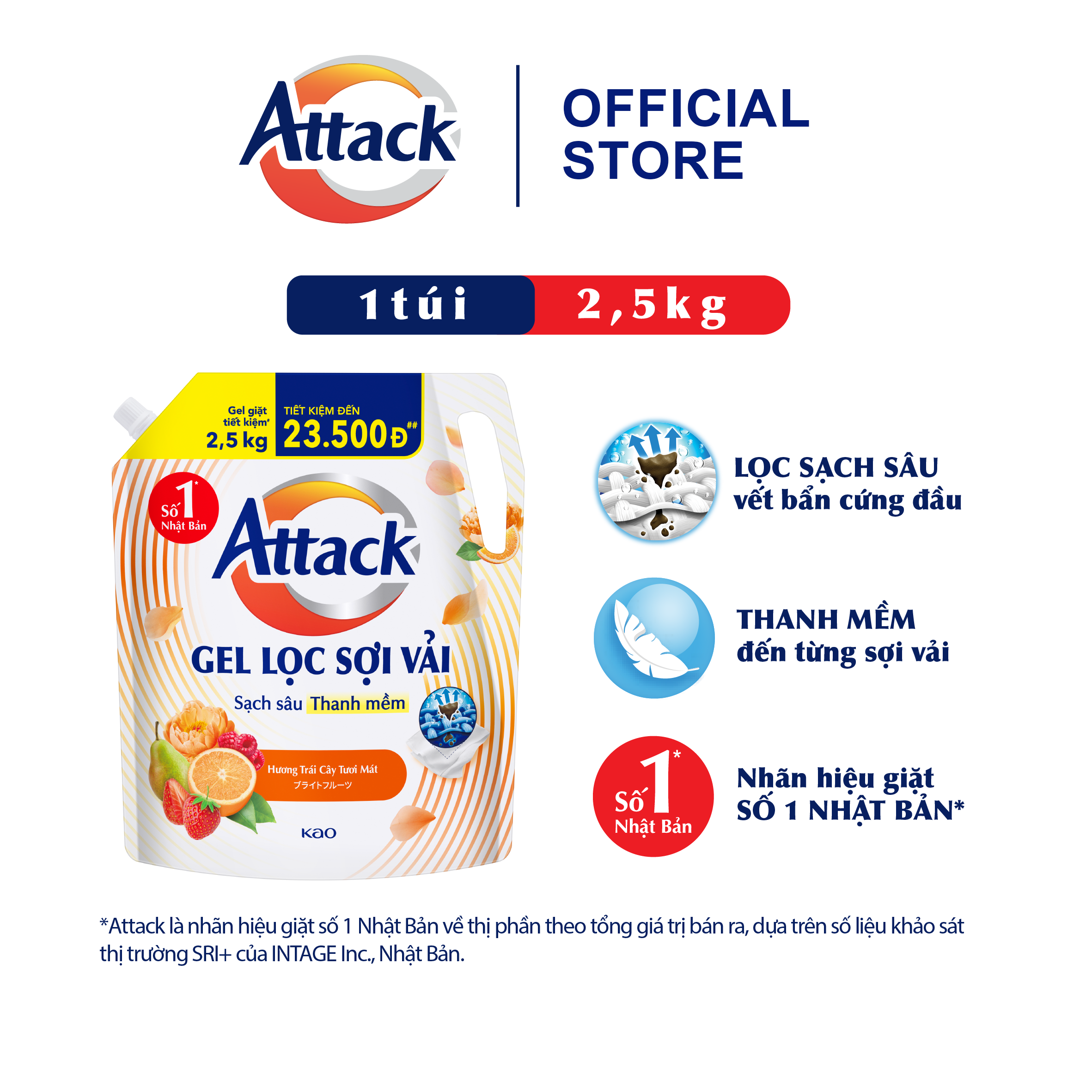 Gel Giặt Attack Hương Trái Cây Tươi Mát Túi 2.5Kg