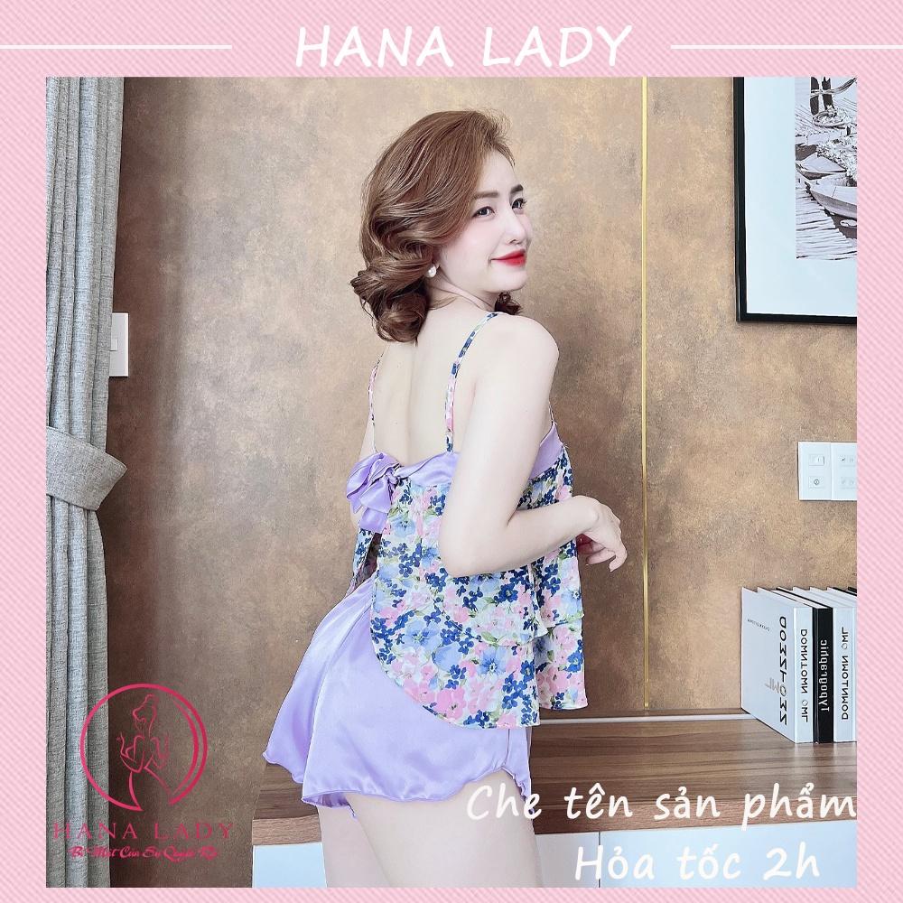 Bộ ngủ 2 dây hoa, đồ ngủ voan lụa họa tiết mặc nhà cao cấp VN500