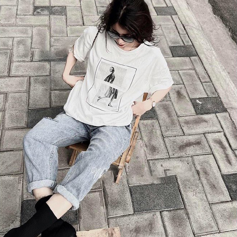 Áo Thun Nữ Tay Lỡ Unisex In Hình Cô Gái Thời Trang