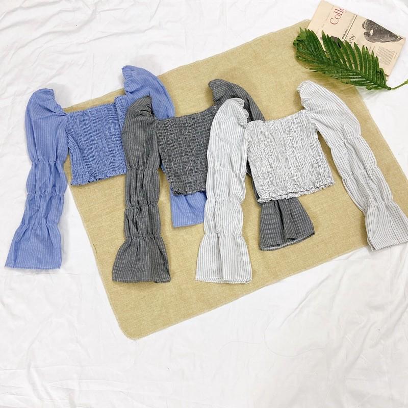 Áo croptop nhún tay dài kẻ sọc summer 2021