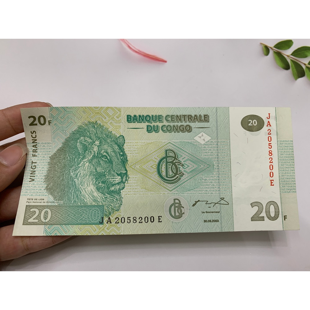 Tờ tiền Congo hình con sư tử 20 Francs xưa - tặng phơi nylon bảo quản tiền