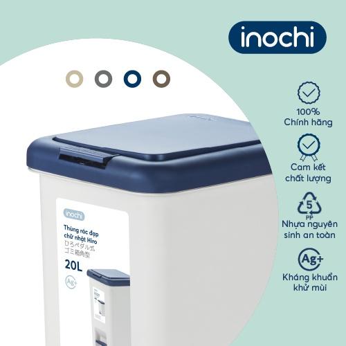 Thùng rác đạp chữ nhật INochi - Hiro 20L (kèm ruột) Thân Trắng kem + Nắp Ghi/ Xanh/ Nâu/ Be