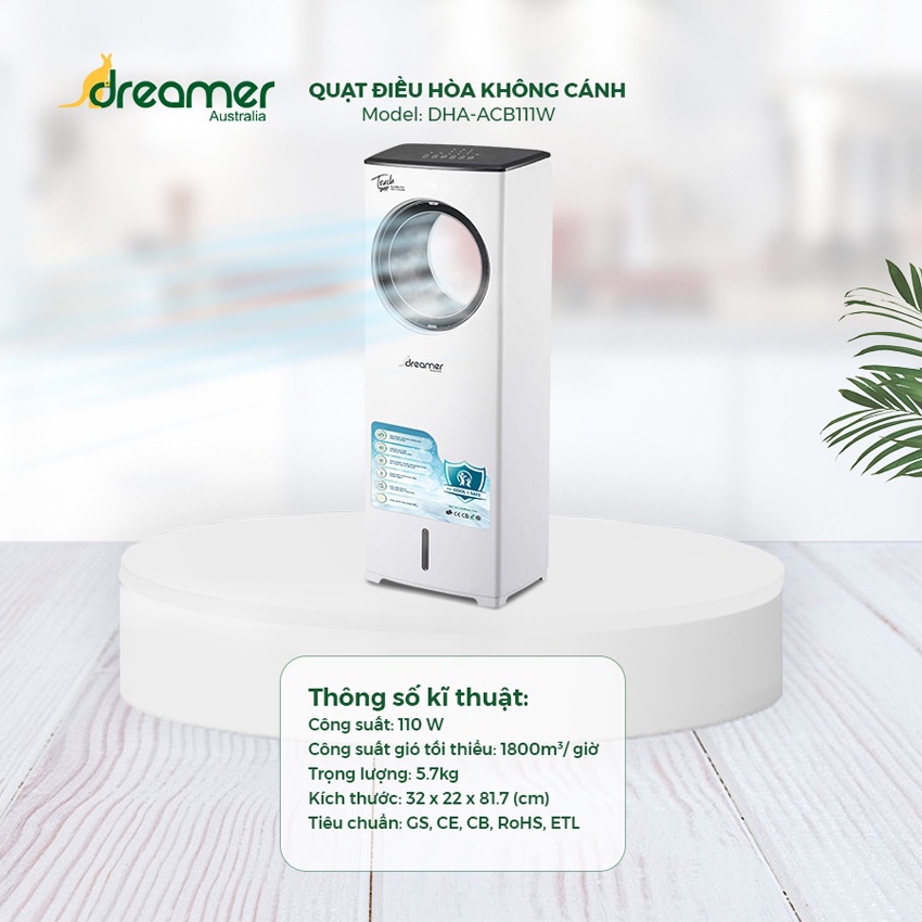 Quạt Điều Hoà Hơi Nước Không Cánh DREAMER DHA-ACB111W, Lọc Không Khí 3 Chế Độ Gió - Hàng chính hãng