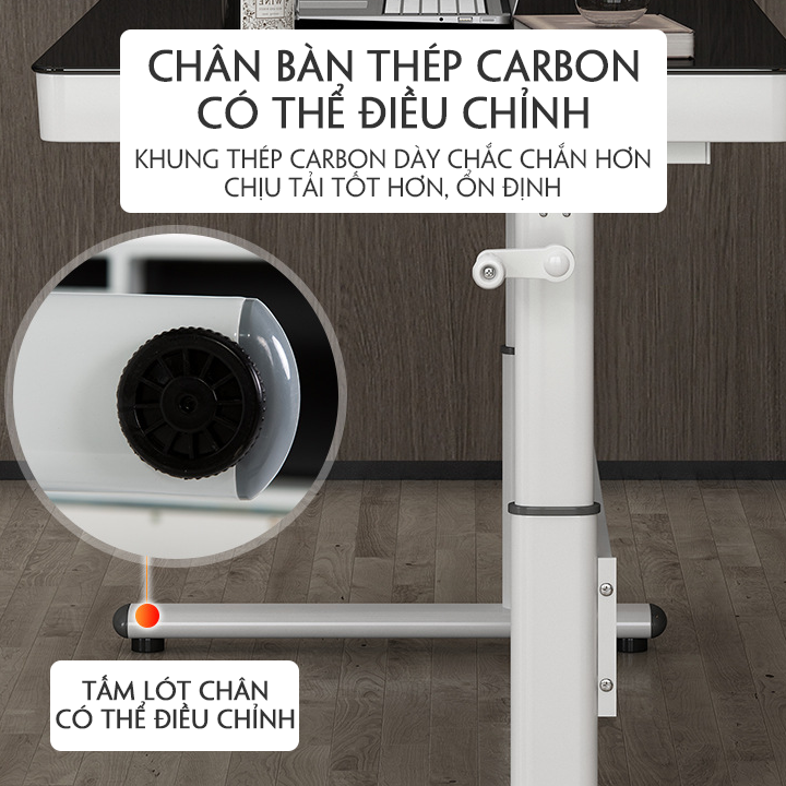 Bàn Làm Việc Mặt Kính Cường Lực Cao Cấp. Khung Thép Cacbon Chịu Lực Sơn Tĩnh Điện. Nâng Hạ Độ Cao Tùy Chỉnh.