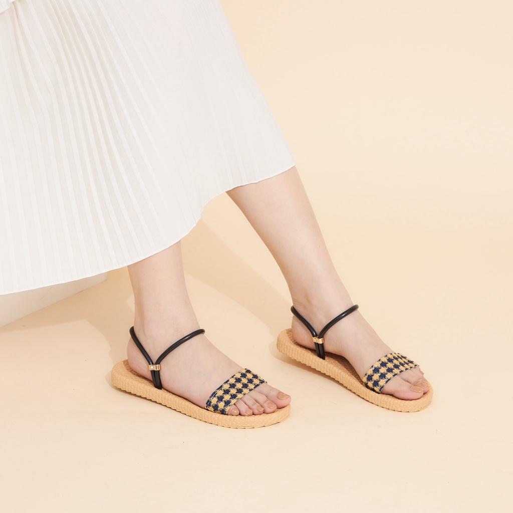 Giày Nữ MWC 2961 - Giày Sandal Quai Ngang Vải Caro Đế Bằng Thời Trang