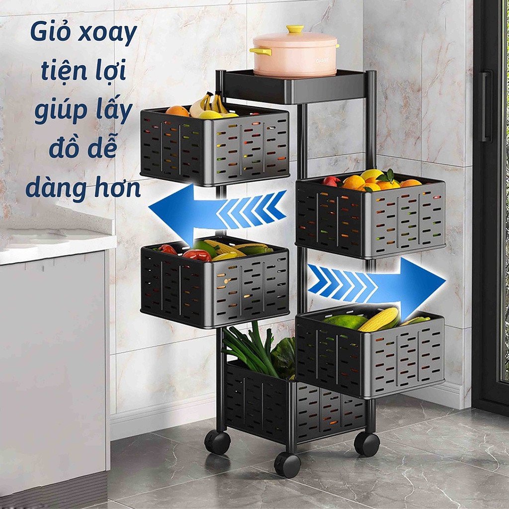 Kệ đựng đồ đa năng xoay 360 độ nhiều tầng - Kệ nhà bếp đa năng - Kệ đựng đồ nhà tắm 5 tầng có bánh xe giỏ đựng đồ