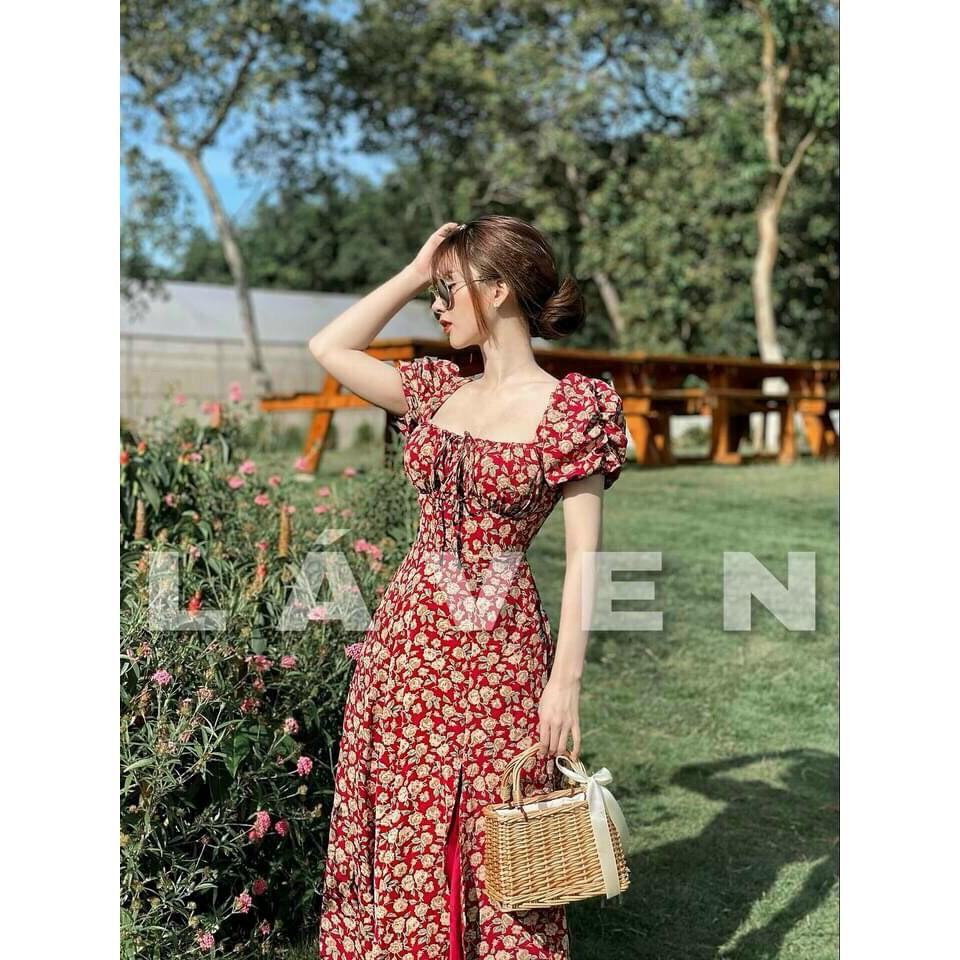 Đầm hoa maxi cổ vuông tay phồng xẻ tà siêu xinh