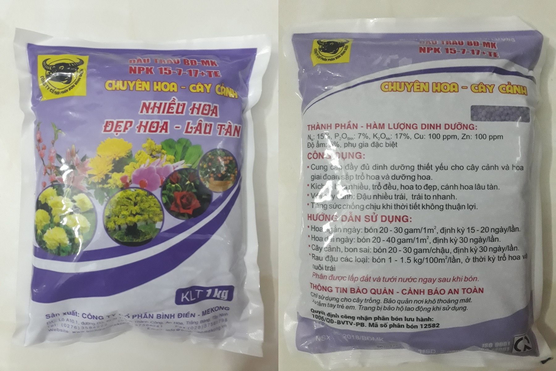 02 gói Phân bón đầu trâu MK NPK 15-7-17+TE cao cấp gói 1KG chuyên hoa - cây cảnh giúp nhiều hoa đẹp hoa lâu tàn DTDN11