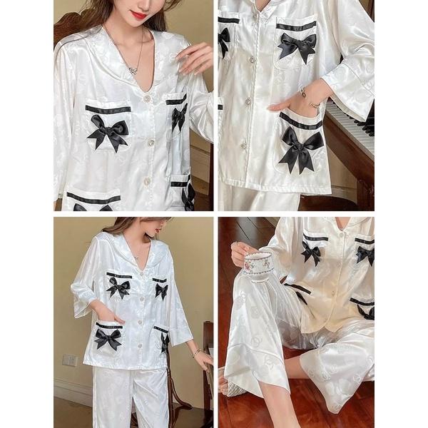 BỘ PIJAMA LỤA DÀI CAO CẤP MULISI NHIỀU NƠ TRẮNG