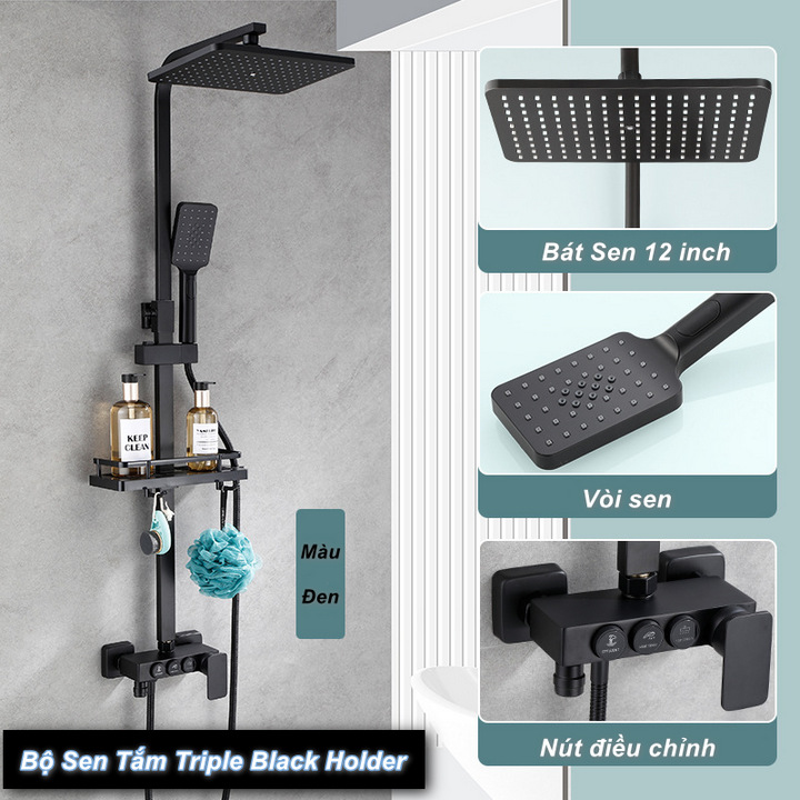 Bộ Sen Tắm Đứng Triple Black Holder Tích Hợp Giá Đỡ Đựng Xà Phòng Bông Tắm