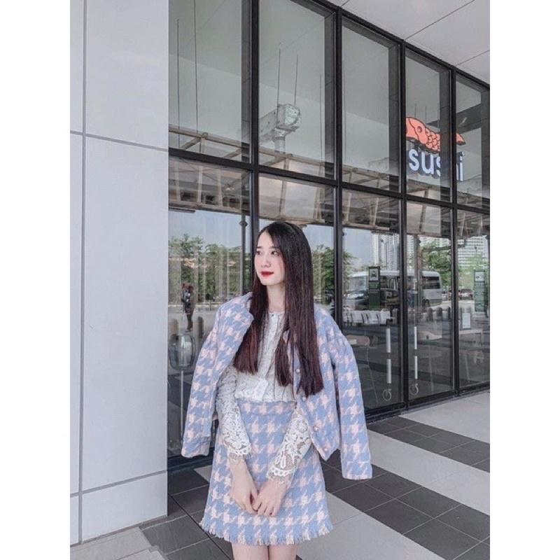 Set dạ tweed xanh nữ tiểu thư cao cấp tay bồng ulzzang Hàn Quốc
