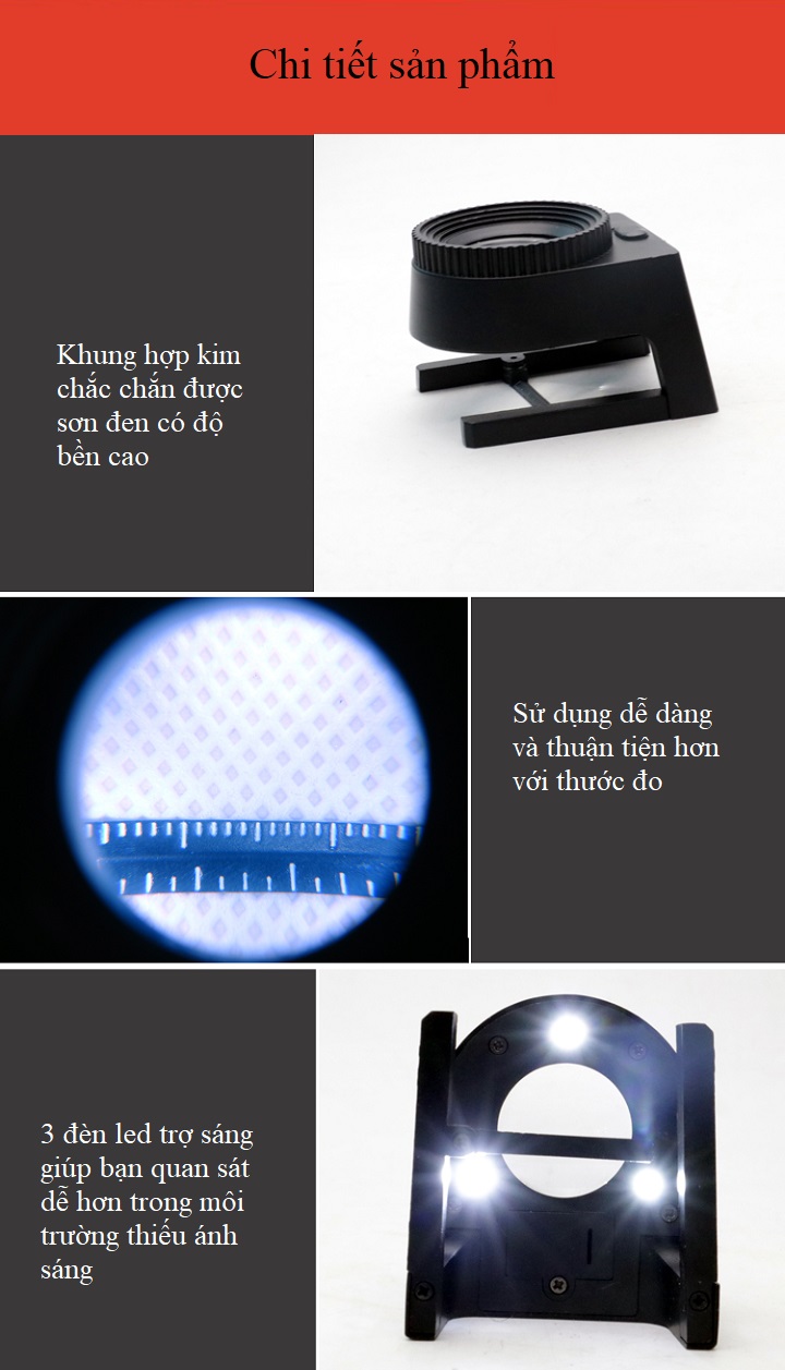 Kính lúp có thước đo có đèn Led trợ sáng soi mẫu vật độ phóng đại 15 lần