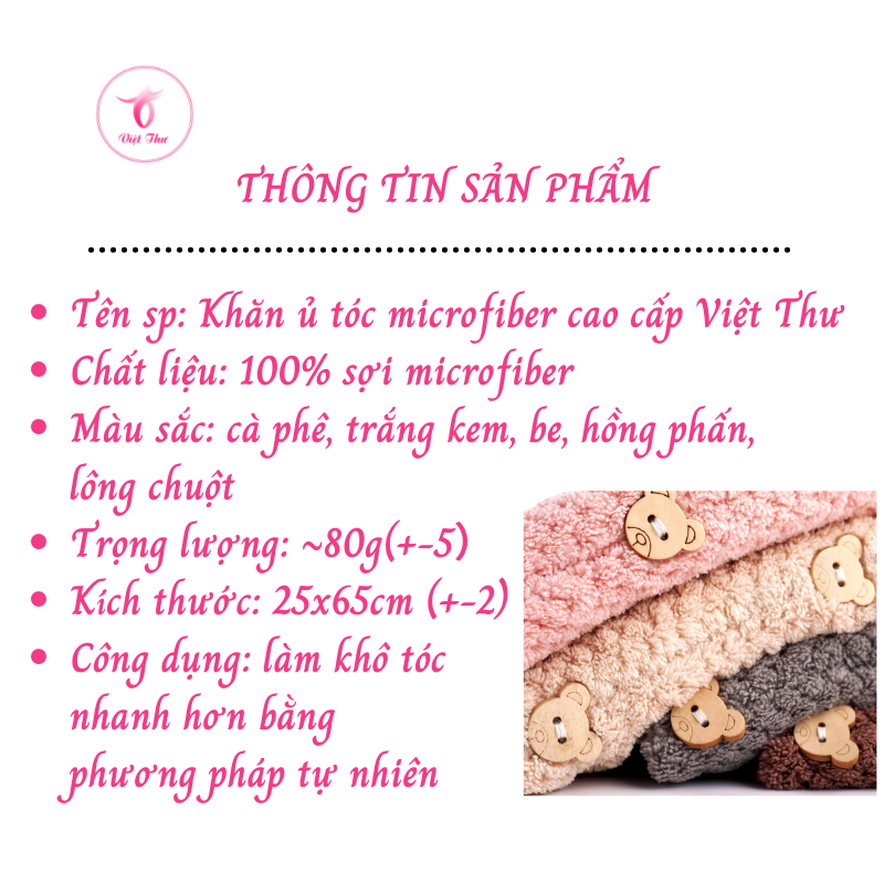 Khăn ủ tóc nhanh khô VIỆT THƯ, khăn quấn tóc microfiber 1 lớp dày, siêu mềm, siêu thấm, 25x65cm, 80gr – Hàng Chính Hãng