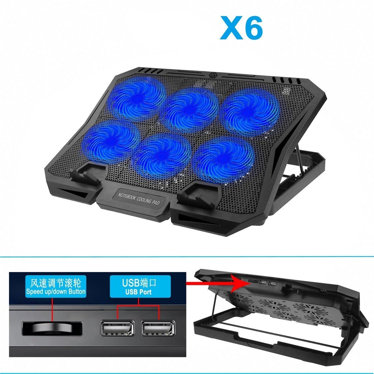 Đế Tản Nhiệt Laptop X6B 6 Quạt Lớn 2 USB Có Đèn Led