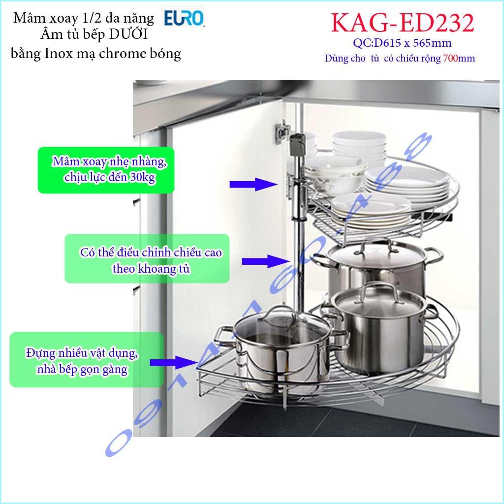 Kệ xoay bán nguyệt Euro KAG-ED232, mâm xoay inox, kệ góc xoay inox tủ bếp dưới