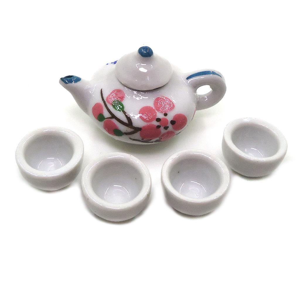 1/12 Dollhouse Porcelain Tea Set with Tea Pot Tea Cups and Tray for Dollhouse Miniature Kitchen Accessories