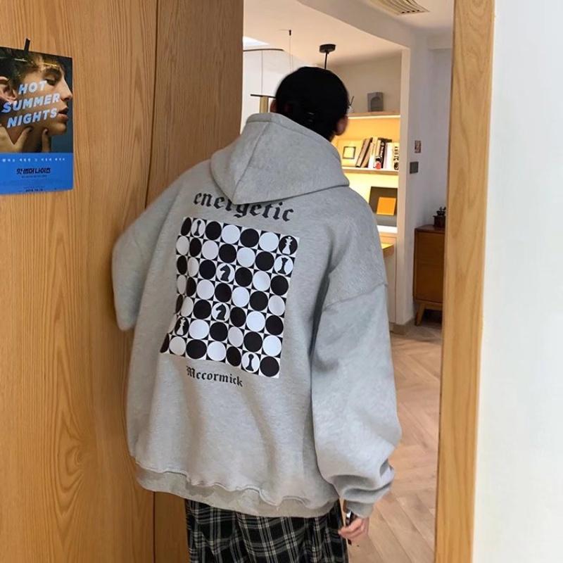Áo hoodie dài tay lót nhung dáng rộng in chữ phong cách Hàn Quốc thời trang thu đông cho nam