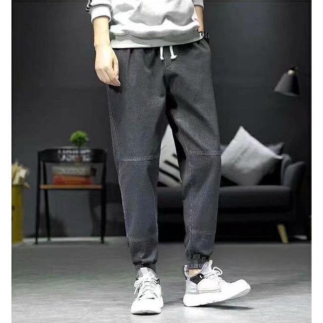 Quần Jeans Jogger nam màu đen logo thêu bó gấu lưng chun 709w 2021 pon.mens