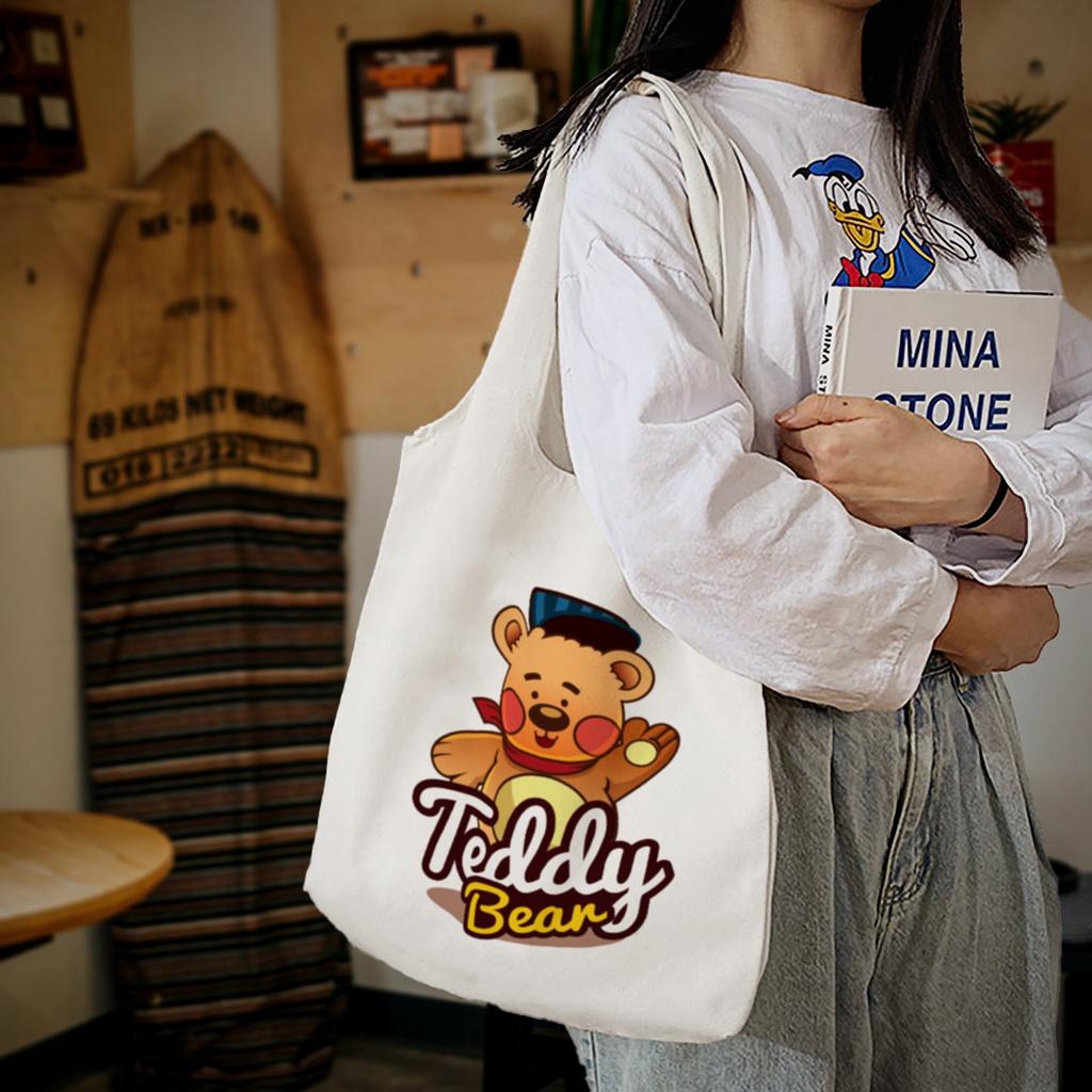 Túi Tote Canvas Vải Bố In Hình Teddy Bear Quai Tròn Có Khóa Miệng Túi