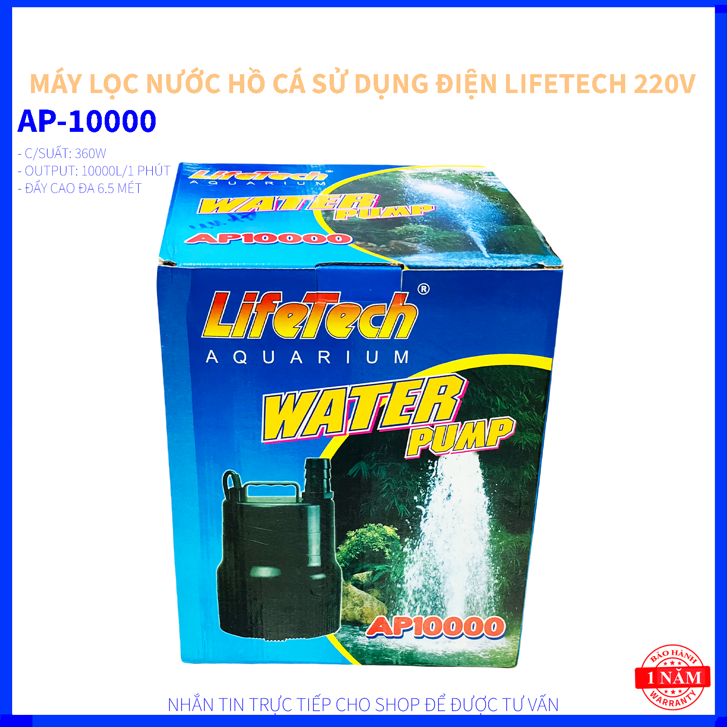 MÁY BƠM LỌC NƯỚC HỒ CÁ CAO CẤP LIFETECH - AP 10000 - CÔNG SUẤT 350W - LƯU LƯỢNG NƯỚC 10000 LÍT/H - ĐẨY CAO 3 MÉT - PH