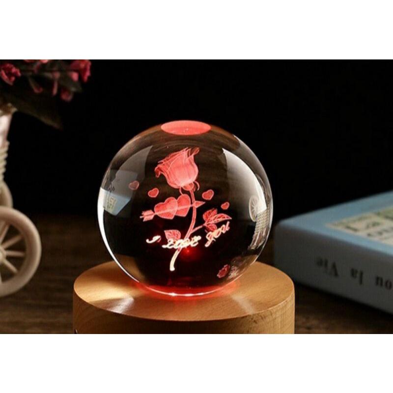 Quà tặng pha lê Bộ Quả Cầu khắc 3D hoa hồng I Love You led