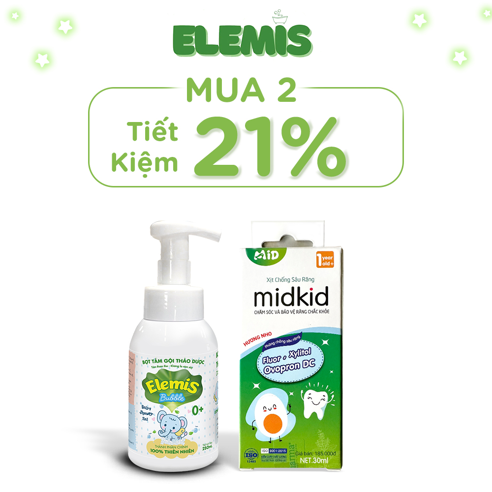 Combo Bọt Tắm Thảo Dược Elemis Bubble Chai 250ml và Xịt Chống Sâu Răng Midkid - Dk Pharma