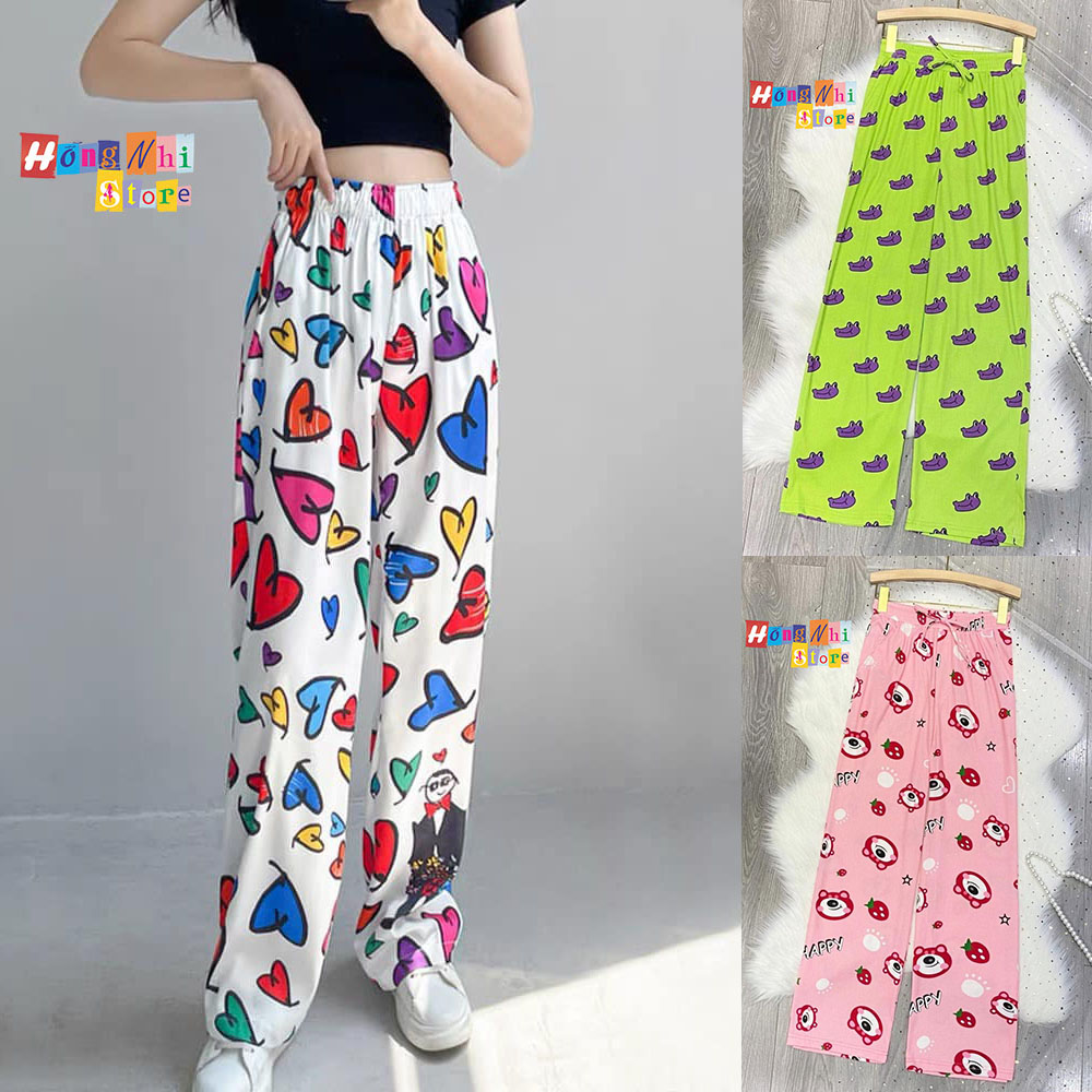 Quần Thun Gân 3D Dài Ống Rộng Hoạt Hình Lưng Thun Culottes Ulzzang Dáng Rộng - MM