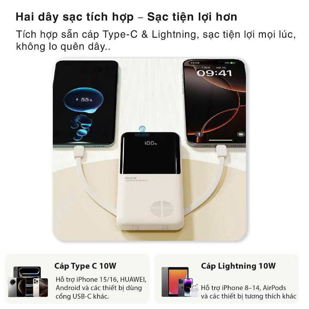 Pin sạc dự phòng Rock P55 Rockspace 10.000mAh tích hợp dây sạc - hàng chính hãng bảo hành 12 tháng