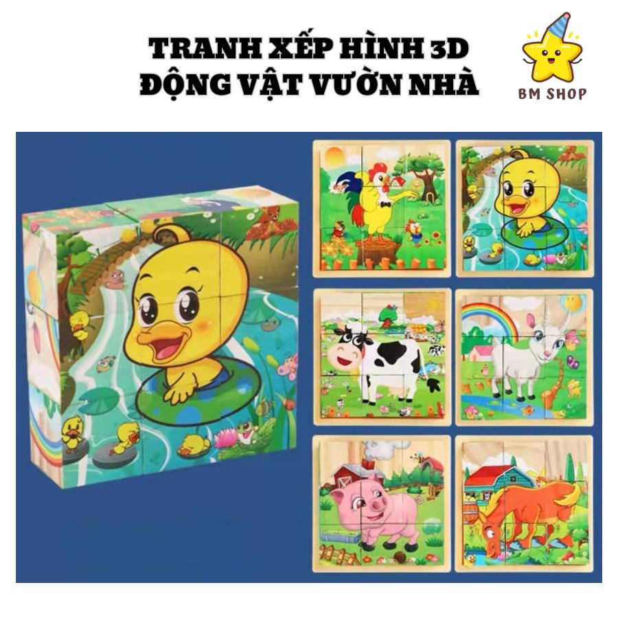 Xếp khối, đồ chơi 3D, ghép hình gỗ 6 mặt, 9 khối động vật và côn trùng trong vườn BM chất liệu an toàn cho bé