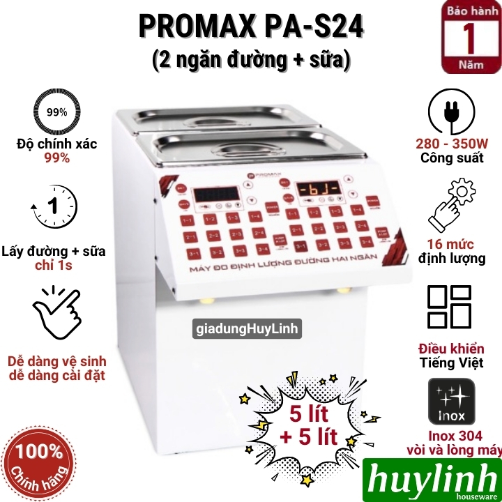 Máy định lượng đường - sữa đặc Promax PA-S24 - 2 ngăn 5+5 lít - Hàng chính hãng