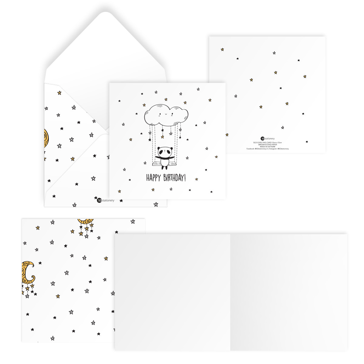 Thiệp chúc mừng sinh nhật HAPPY BIRTHDAY vuông 12cm SDstationery PANDA gấu trúc, mây, ngôi sao