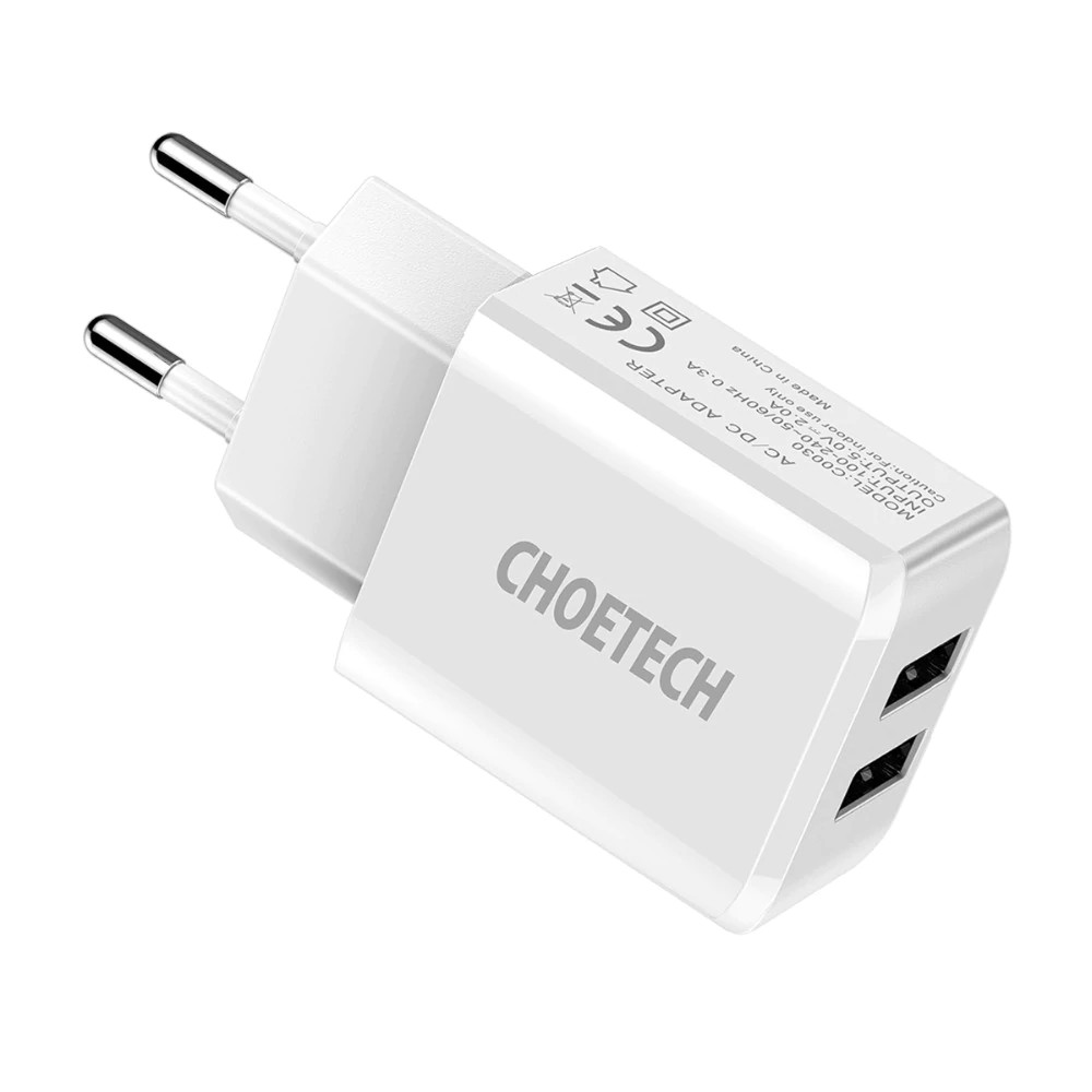 Cóc củ sạc nhanh Dual USB hiệu CHOETECH C0030 cho điện thoại / máy tính bảng hỗ trợ sạc nhanh 5V-2A trang bị chip bảo vệ thông minh, thiết kế nhỏ gọn - Hàng chính hãng