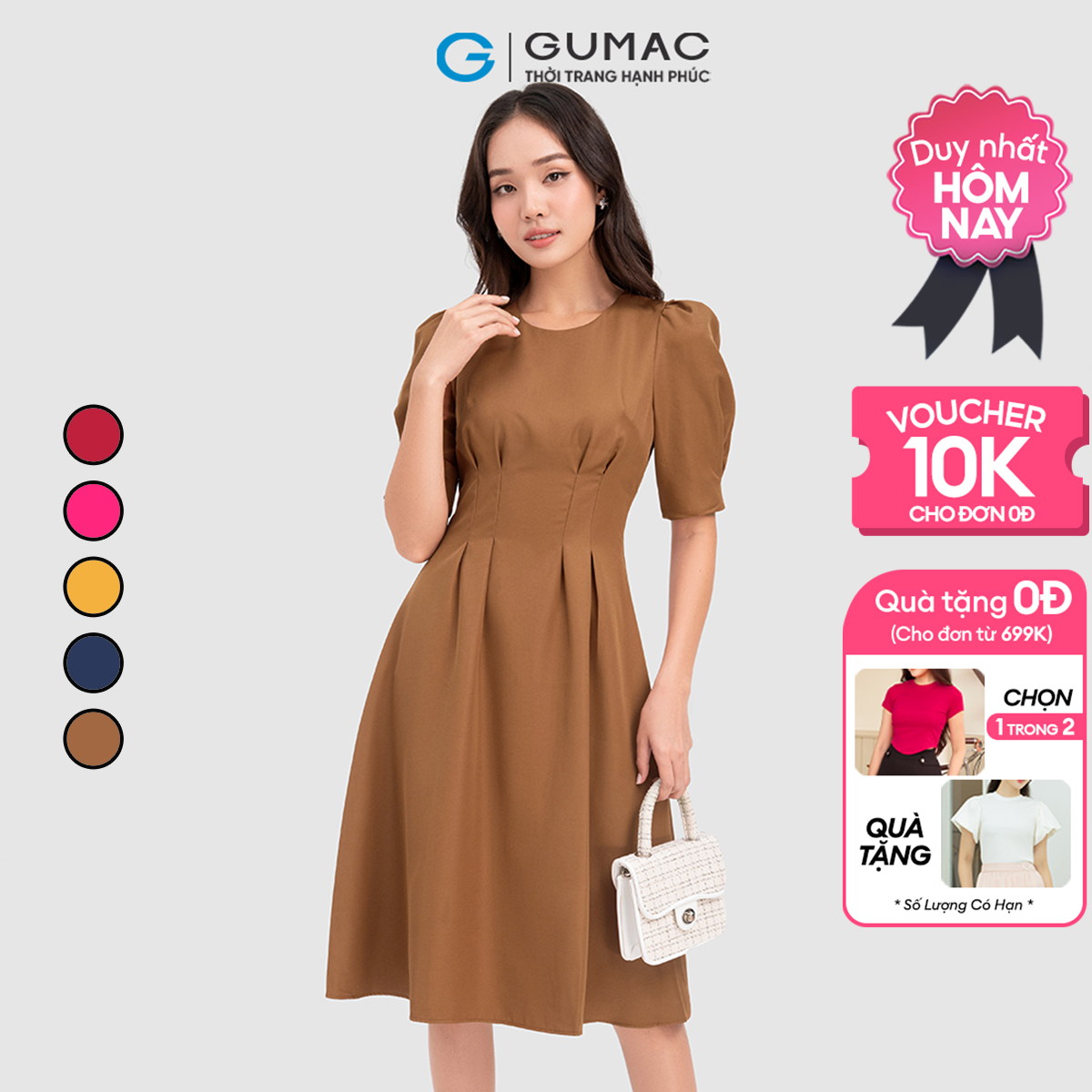 Đầm dáng A tay phồng chiết ly GUMAC LD1002 - DD04035