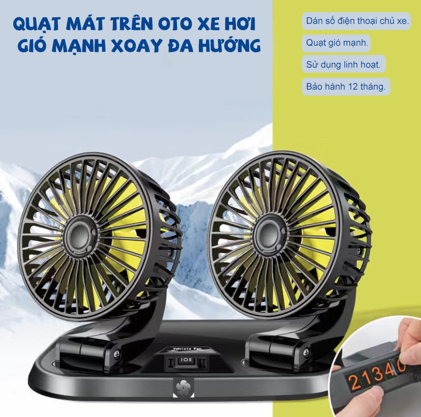 Quạt mát trên oto xe hơi gió mạnh xoay đa hướng - AGD9212