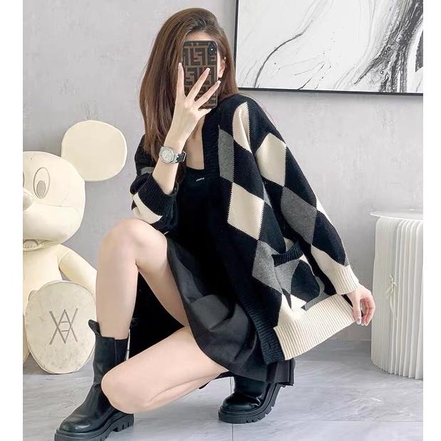 Áo khoác len cardigan nữ form rộng dáng dài dày dặn bigsize phối kẻ caro len thừng phong cách Ulzzang Hàn Quốc trẻ trung