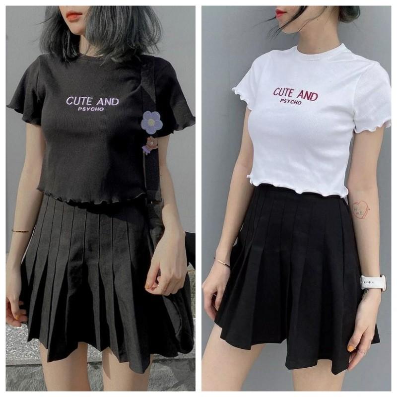 Áo croptop nữ ôm kiểu viền bèo áo crtop ngắn tay CUTE 2 màu trắng đen chất thun đẹp mịn mát