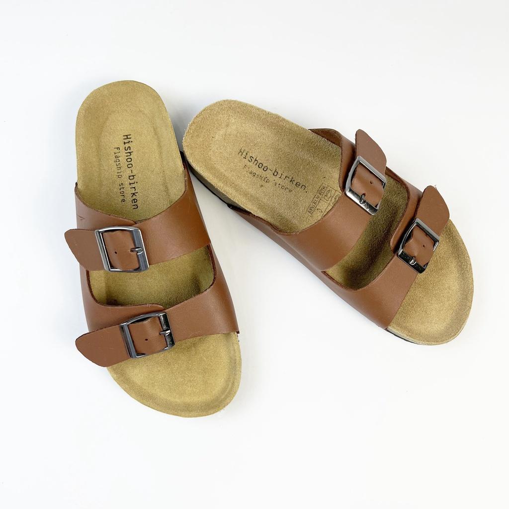 Dép đế trấu birken nam nữ unisex quai ngang 2 khóa da tổng hợp màu nâu size 35 - 43 chính hãng Hishoo N093