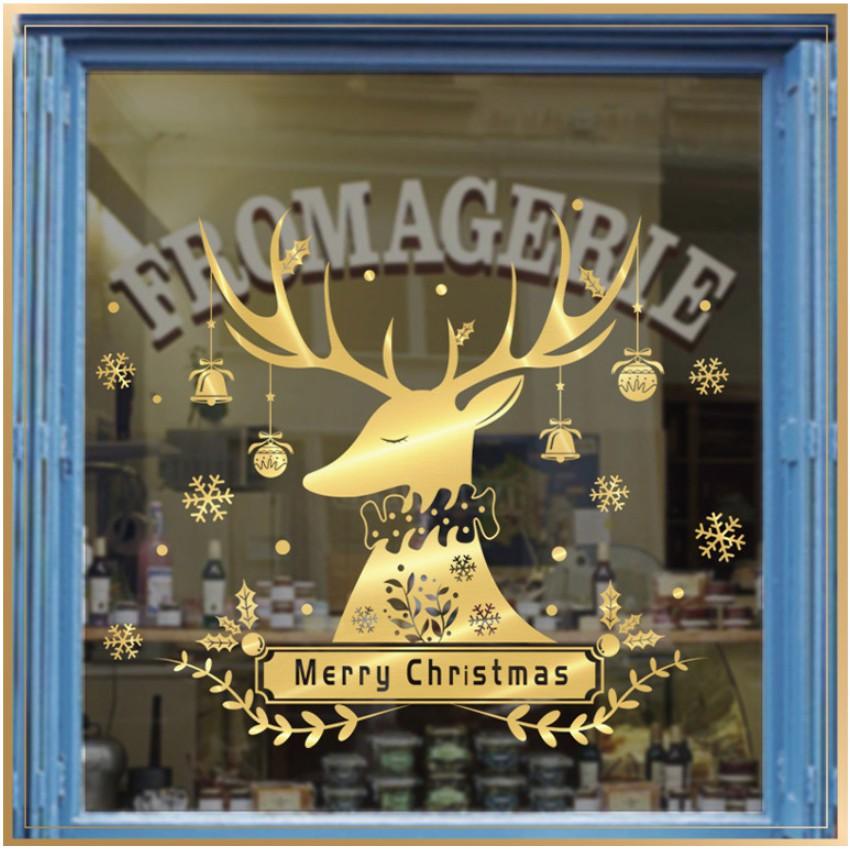 Decal trang trí tường Noel - Đầu Nai hoa văn ánh vàng cao cấp