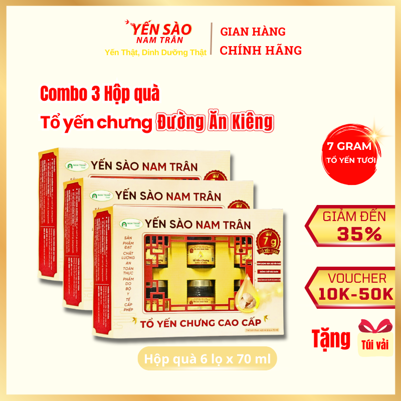[Combo 3 Hộp] Yến chưng Đường Ăn Kiêng 7 gram Tổ Yến Tươi - Yến Sào Nam Trân. Hộp (6 lọ x 70 ml)