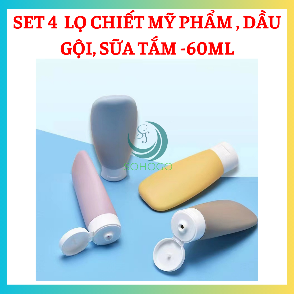 Set 4 tuýp chiết mỹ phẩm du lịch đựng dầu gội, sữa tắm, lotion, toner 60ML- Bộ chai lọ chiết mỹ phẩm tái sử dụng