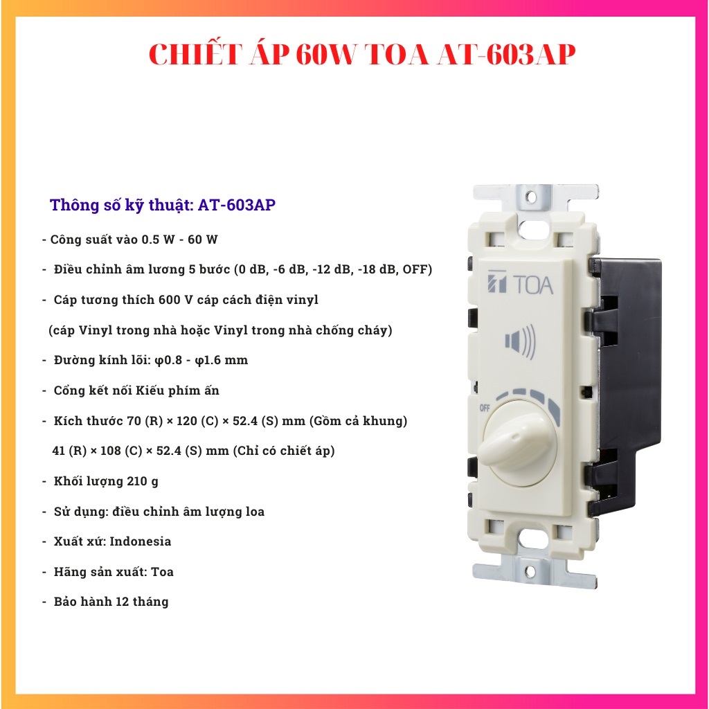 Chiết áp điều chỉnh âm lượng 60W TOA AT-603AP - Hàng Chính Hãng