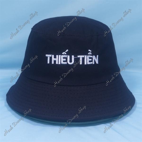 Nón tai bèo mũ bucket vành nhỏ thêu chữ Thiếu Tiền - Đen