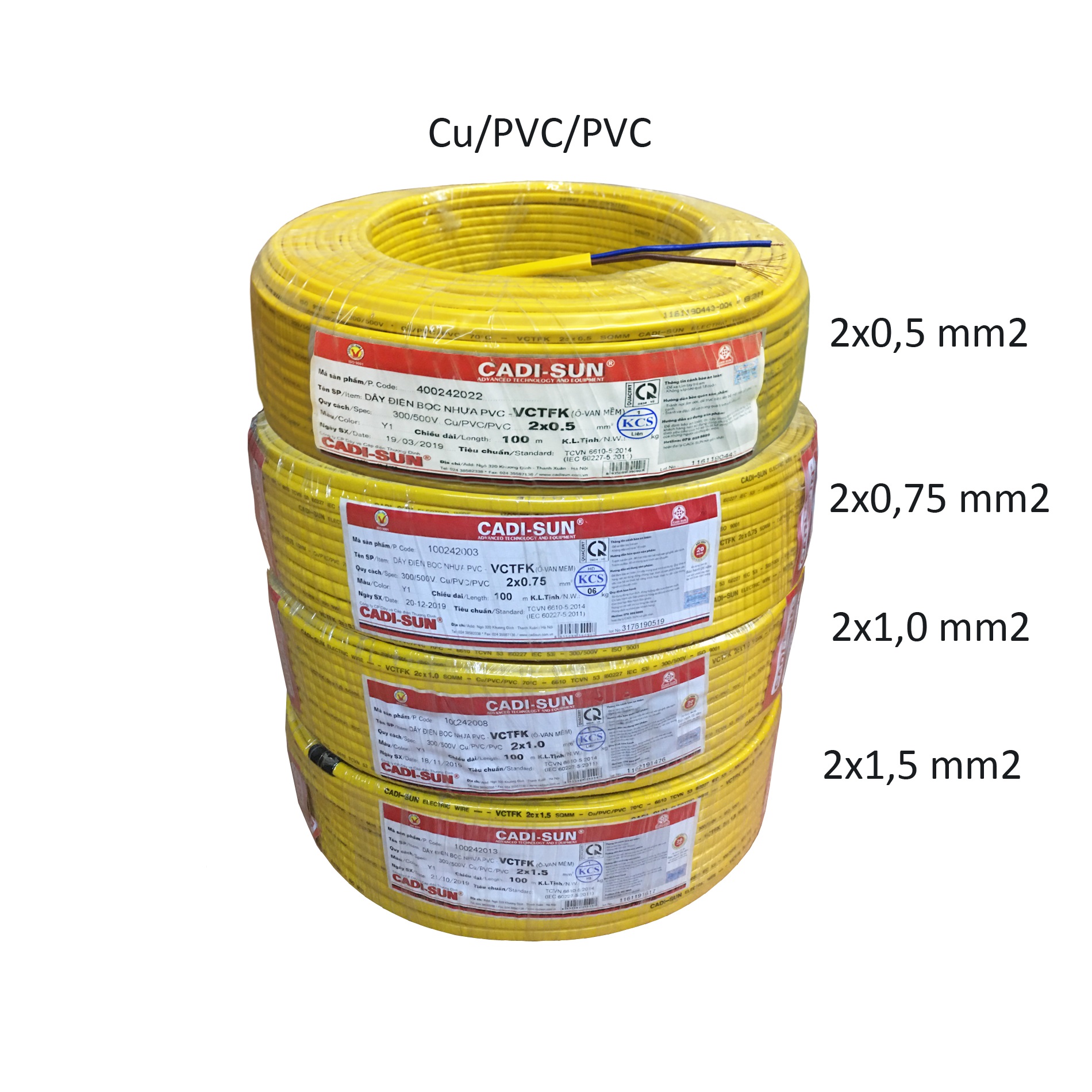 10m Dây điện đôi bọc ovan dẹt vỏ mềm 2x0,5 2x0,75 2x1 2x1,5 2x2,5 Cu/PVC/PVC Cadisun W0-2x