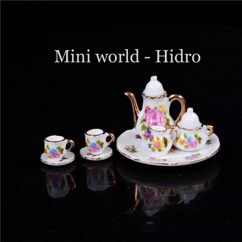 Bộ ấm chén mini trang trí nhà búp bê. Bộ ấm trà mini. Miniature. Bộ tách trà bằng sứ mini