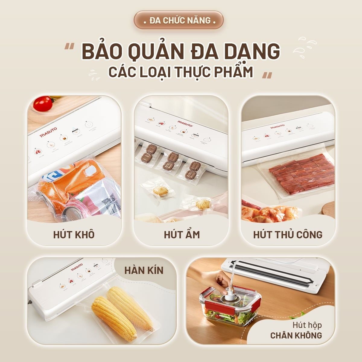 Máy hút chân không thực phẩm Masuto MSSMaster Không Kén Túi, hút siêu mạnh 60kPa, mối hàn kép 4mm hàn miệng túi siêu chặt - Hàng chính hãng