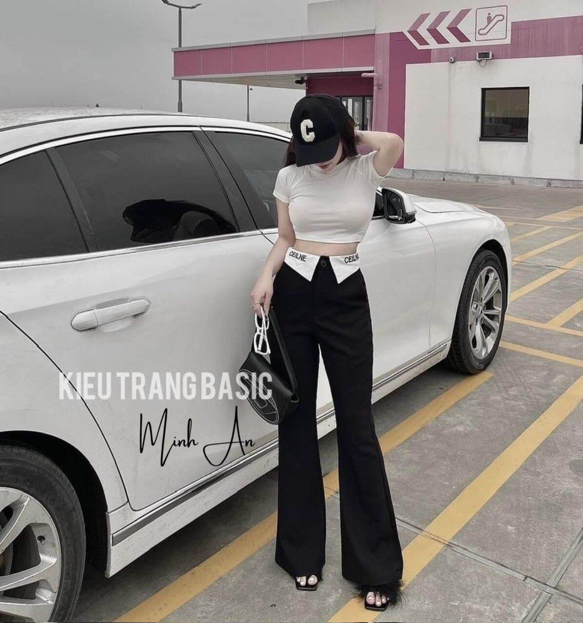 Sét đồ nữ áo croptop mix với quần ống loe cạp cao